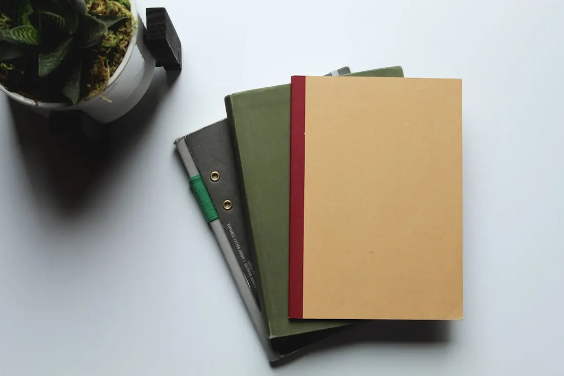 Folders and notebooks stacked on a desk beside a plant